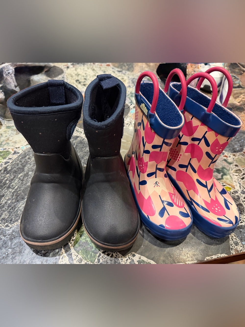 Two Kids Waterproof Pink Floral Rain Boots with Easy Pull Handles